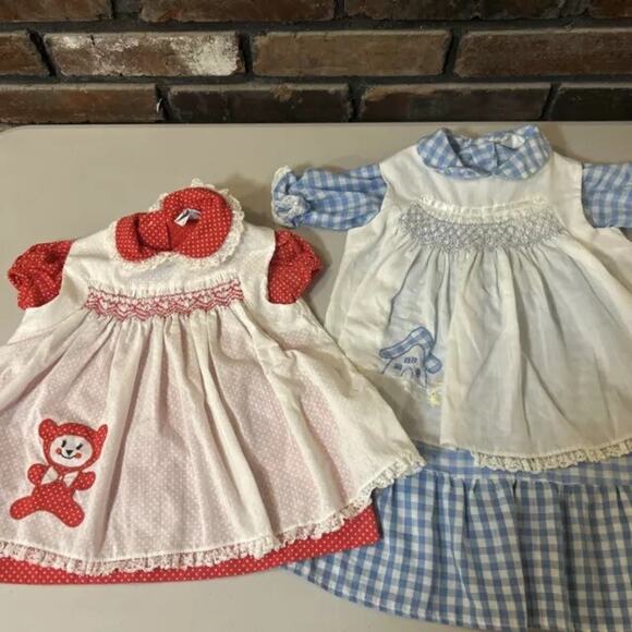 2 Vintage Polly Flinders Smocked Dresses 12 Months Blue Gingham Red White Dot - Picture 1 of 11